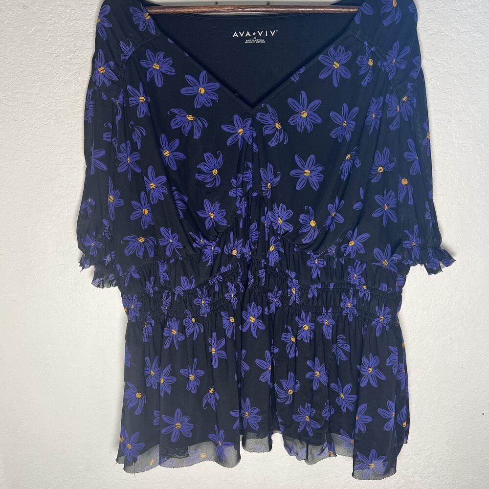 Ava & Viv Peplum Top Womens 2X Black Blue Dark Floral Babydoll Office Casual
